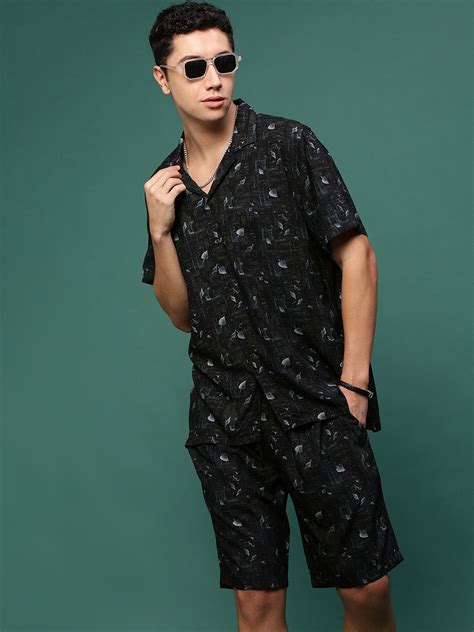 SHOWOFF Men's Black Cuban Collar Printed Co Ords Set