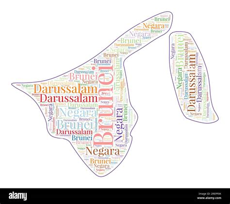 Brunei shape filled with country name in many languages. Brunei map in word cloud style. Vibrant ...