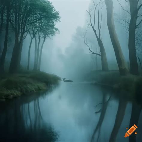 River flowing through a bushy floodplain in the morning mist on Craiyon