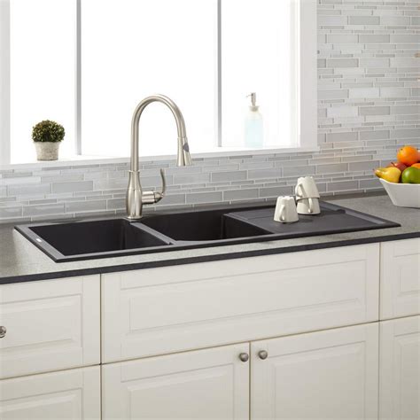46" Tansi Double-Bowl Drop-In Sink with Drainboard - Midnight Black ...