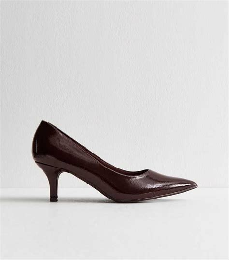 Dark Brown Patent Faux Leather Kitten Heel Court Shoes | New Look