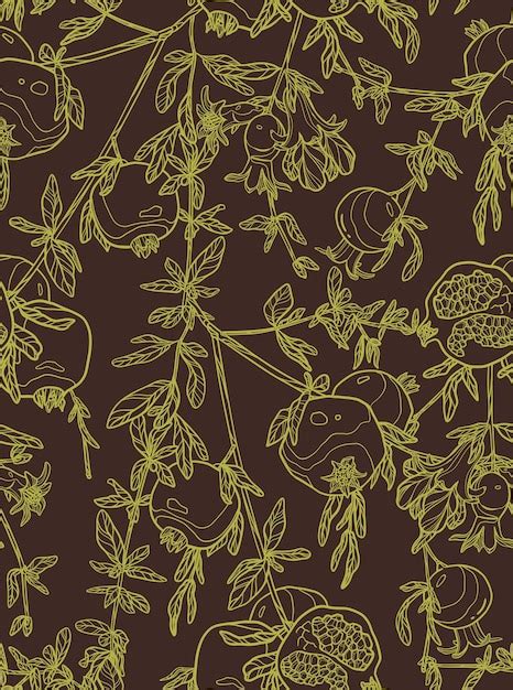 Pomegranate pattern outline fruit branches on brown background ...