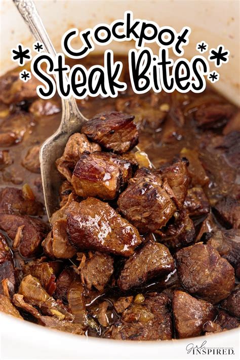 These juicy and tender crockpot steak bites prepared in a slow cooker ...
