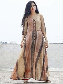 Beige Red Black Hand Brush Painted Long Cotton Dress With Front Openin ...