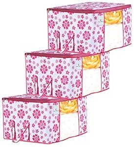 Kuber Industries Flower Design 3 Piece Non Woven Underbed Storage Bag ...