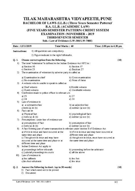 Law of Evidence (LW 7001-301) Previous Year Question Papers Compilation ...