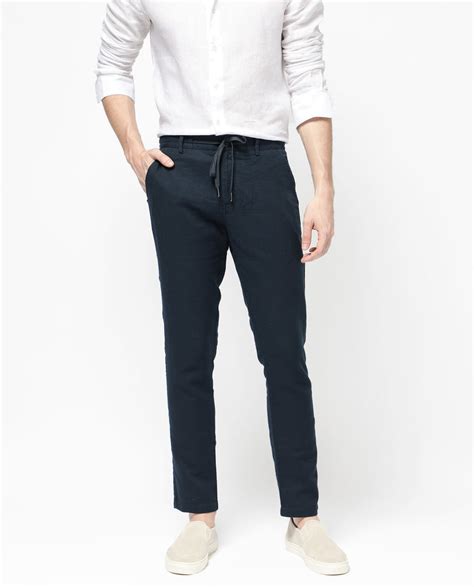 Rare Rabbit Men's Pastor-2 Navy Solid Mid-Rise With Drawstring And Ela