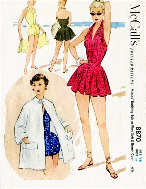 1950s 50s vintage swimsuit sewing pattern one piece halter playsuit ...