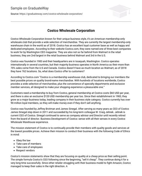 ⇉Costco Wholesale Corporation Essay Example | GraduateWay