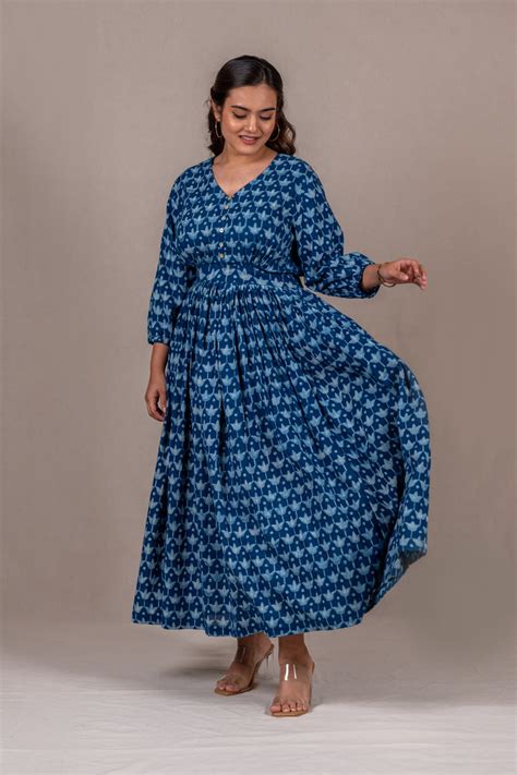 Handcrafted Indigo Dabu Dress with Three-Leaf Print – Sutra – Ray Ethnic