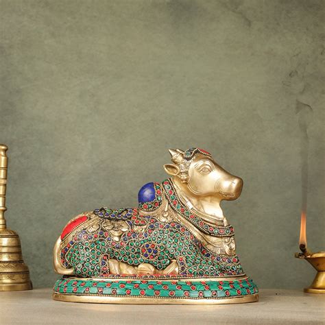 Buy Pure Brass Nandi Bull Idol with Meenakari Work 8" - Budhshiv.com