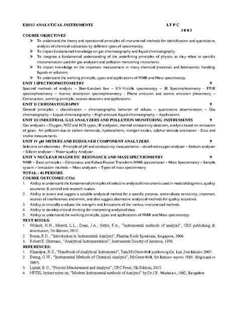 Syllabus - EI8551 ANALYTICAL INSTRUMENTS LT P C 3 0 0 3 COURSE ...
