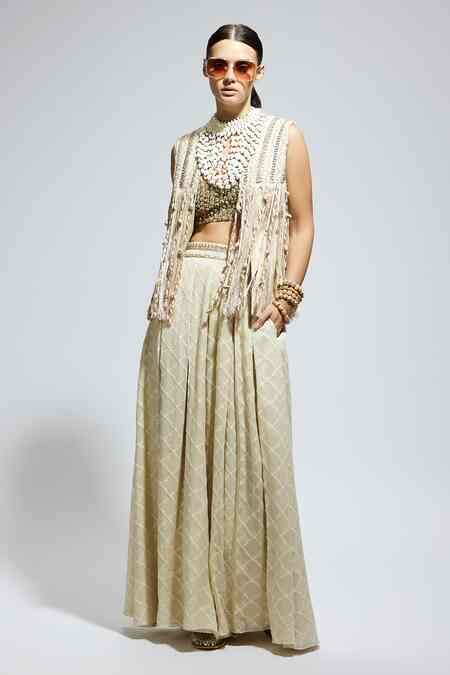 Buy Ivory Silk Fringe Open Neck Boho Braided Jacket For Women by SVA by ...