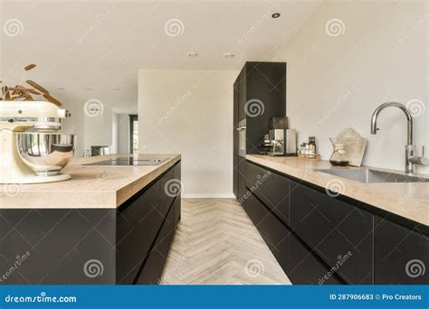 A Large Kitchen with Black Cabinets and a Counter Top Stock Image ...