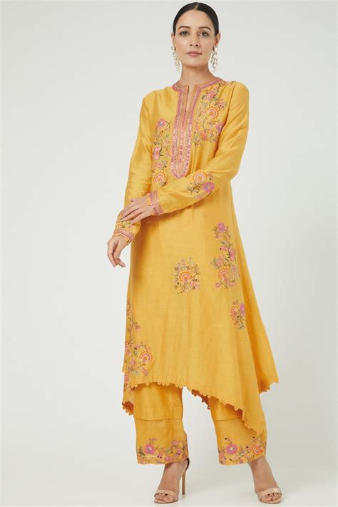 Mustard Asymmetrical Kurta Set With Embroidery – Petticoat