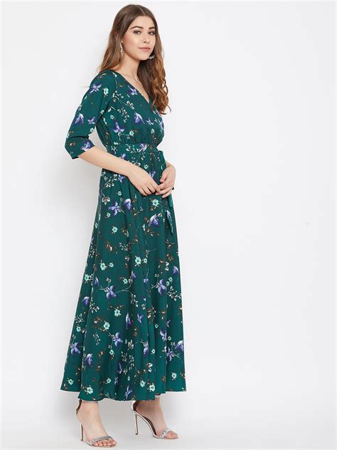 Women Green Floral Printed V-Neck A-Line Maxi Dress - Berrylush