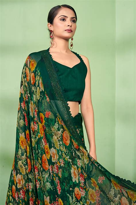 Buy Bottle Green Georgette Saree online-Karagiri