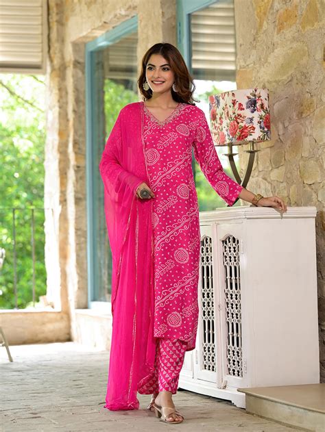 Divena Pink Bandhni Printed Zari Work Muslin Kurta Set – divena world