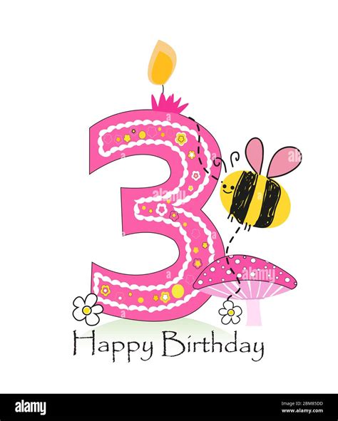 Happy third birthday candle. Baby girl greeting card with bee and daisy ...