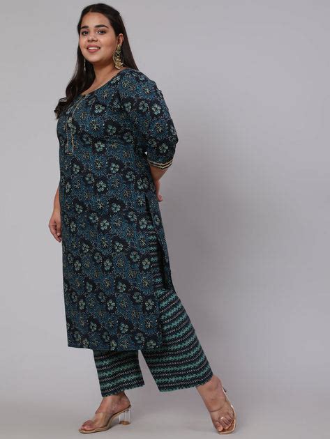 Women Plus Size Blue floral Printed Kurta And Palazzo With Dupatta ...