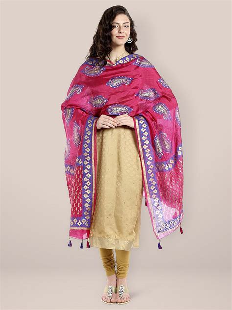 Pink & Blue Silk Printed Dupatta . Dupatta Bazaar