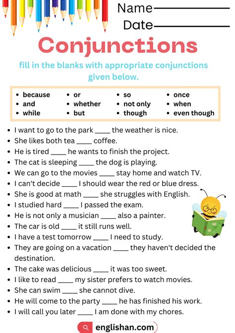 Conjunctions Worksheets and Exercises With Answers in English • Englishan | Conjunctions ...