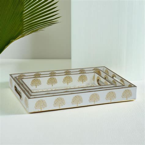 Golden Tree Motif Decorative Tray – White & Gold – Thejoe