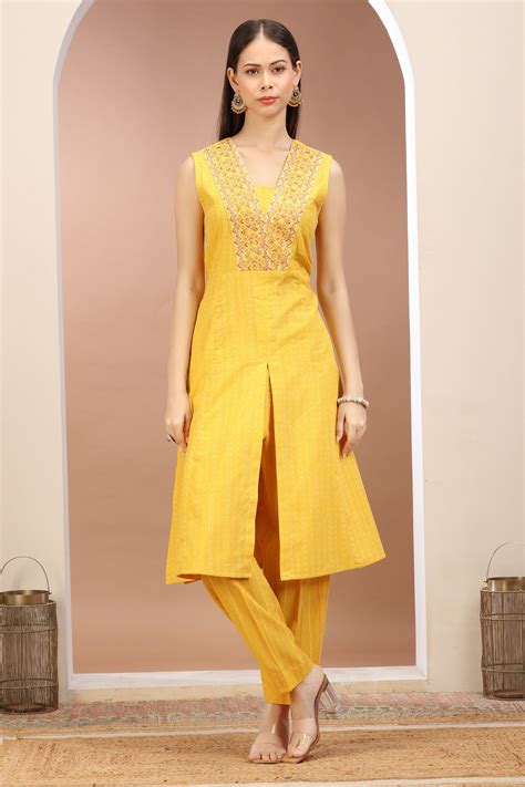 Yellow Handloom A Line Embroidered Kurta Pant Co ord Set – Cotton Culture