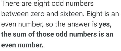 The sum of all the odd numbers from zero to 16 is an even number ...