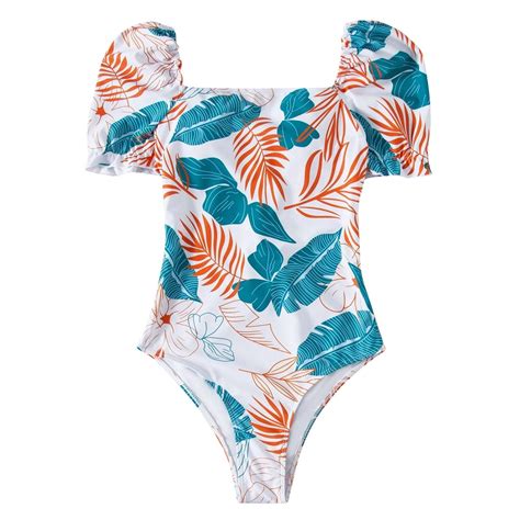 WREESH Womens One Piece Swimsuit Short Sleeve Swim Suits Printed Slim ...