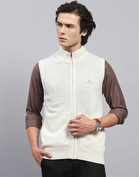 Buy Men Off White Solid Mock Neck Sleeveless Jacket Online in India ...