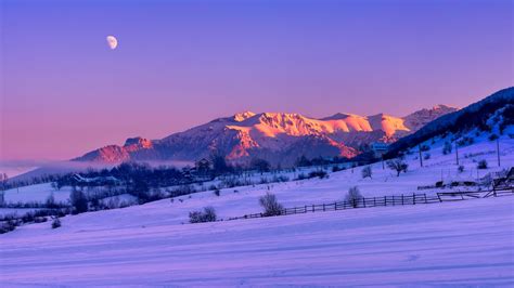 Download wallpaper moon, twilight, field, sunset, winter, mountains ...