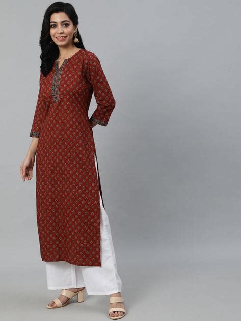 Women Maroon Printed Straight Kurta With Three quarter Sleeves – Nayo ...
