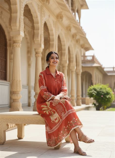 Rust cotton collared printed dress with pintuck detailing – Vima Dilip