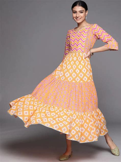 Buy Orange Printed Cotton Dress Online at Rs.1409 | Libas