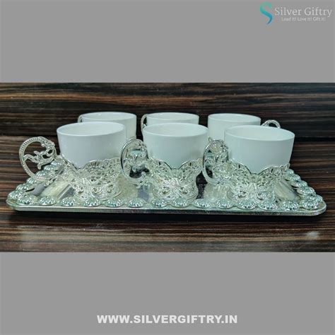 German Silver Tray With German Silver Teaset Of 6 Glasses Combo (Silve ...