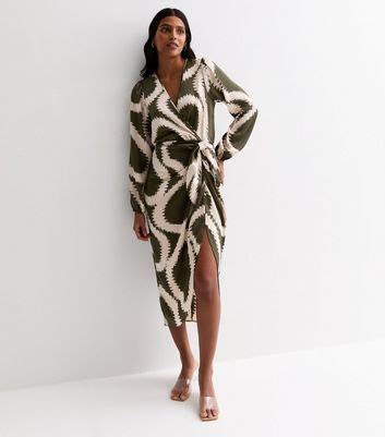 Khaki Abstract Print Long Sleeve Wrap Midi Dress | New Look