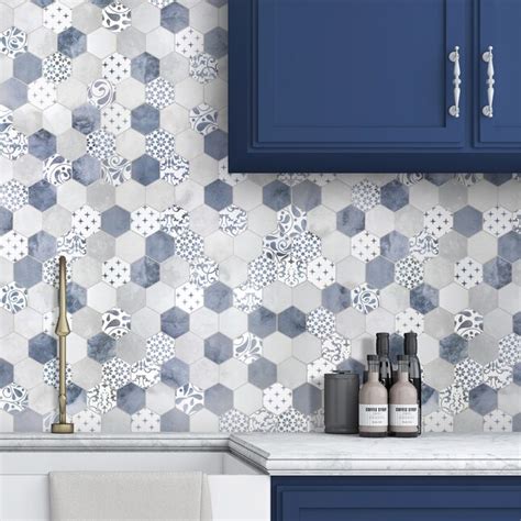 SUNWINGS Blue 12-in x 12-in Matte Composite Marble look Hexagon Mosaic ...