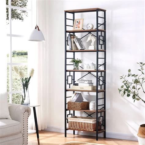 7-Tier Industrial Bookshelf | Rustic Metal & Wood Tall Bookcase – Hansart