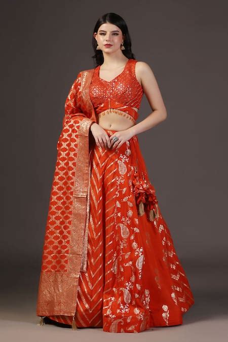 Buy Orange Silk Embroidery, Tassels, Zari Round Neck Designer Banarasi ...