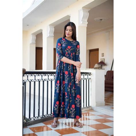 Block Printed Mughal Butta Maxi Dress In Blue Rose