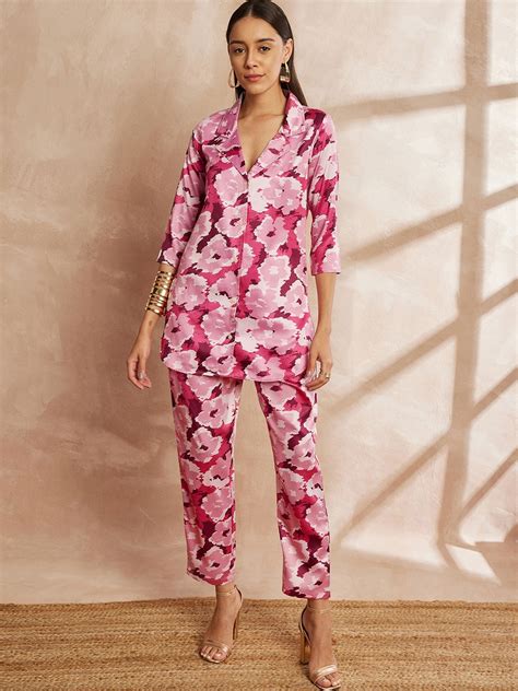 Pink Color Floral Printed Lapel Collar Shirt & Trousers – FemNari