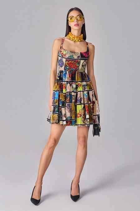 Buy Multi Color Cotton Square Neck Abstract Patchwork Mini Dress For ...