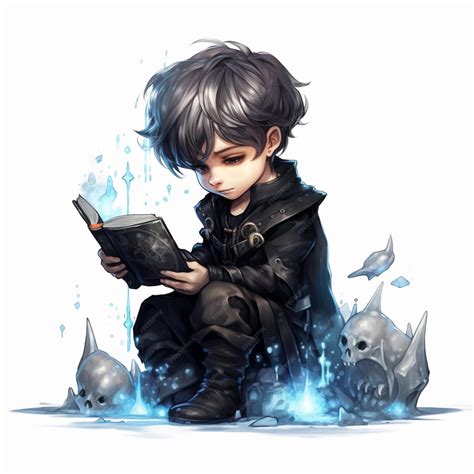 Anime boy sitting on the ground reading a book with skulls around him ...