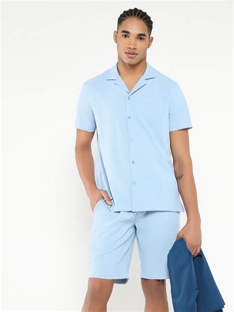 Buy Men's Blue Cuban Collar Solid Co Ords Set Online | Showoffff