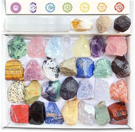 32 Natural Crystals and Healing Stones with Crystal Guide, Real Raw ...