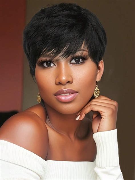 Synthetic Hair Pixie Cut With Bangs Natural Black Color For Women Non ...