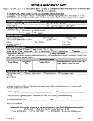 Individual Authorization Form - Blank Fillable Template | Fill Out ...