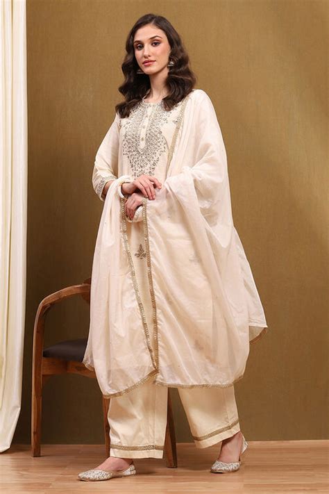 Off-White Embellished Festive Straight Suit Set at Biba India