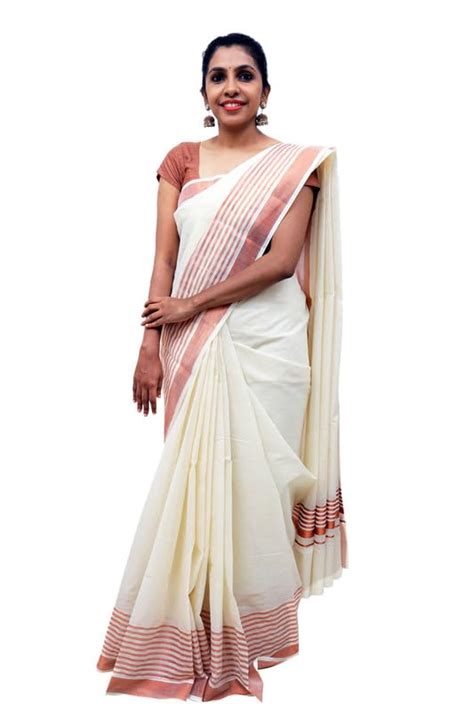 Buy Kavz Women's Kasavu Cotton Coppar Border Saree With Blouse Piece at ...